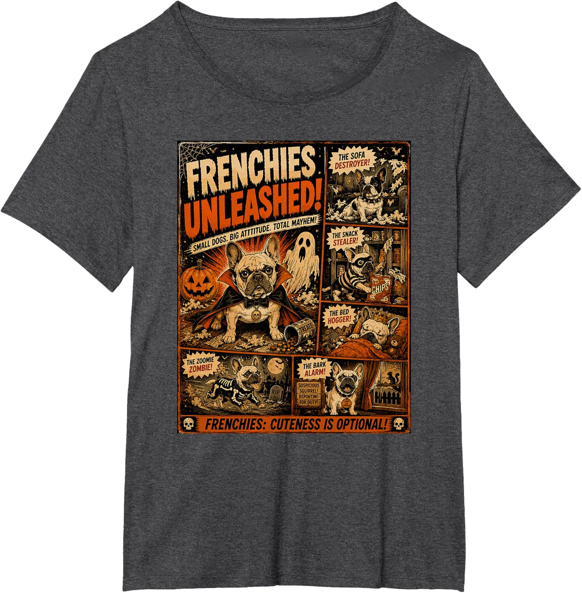 Frenchies Unleashed Horrorfest French Bulldog Halloween T-Shirt - Dark Heather Grey