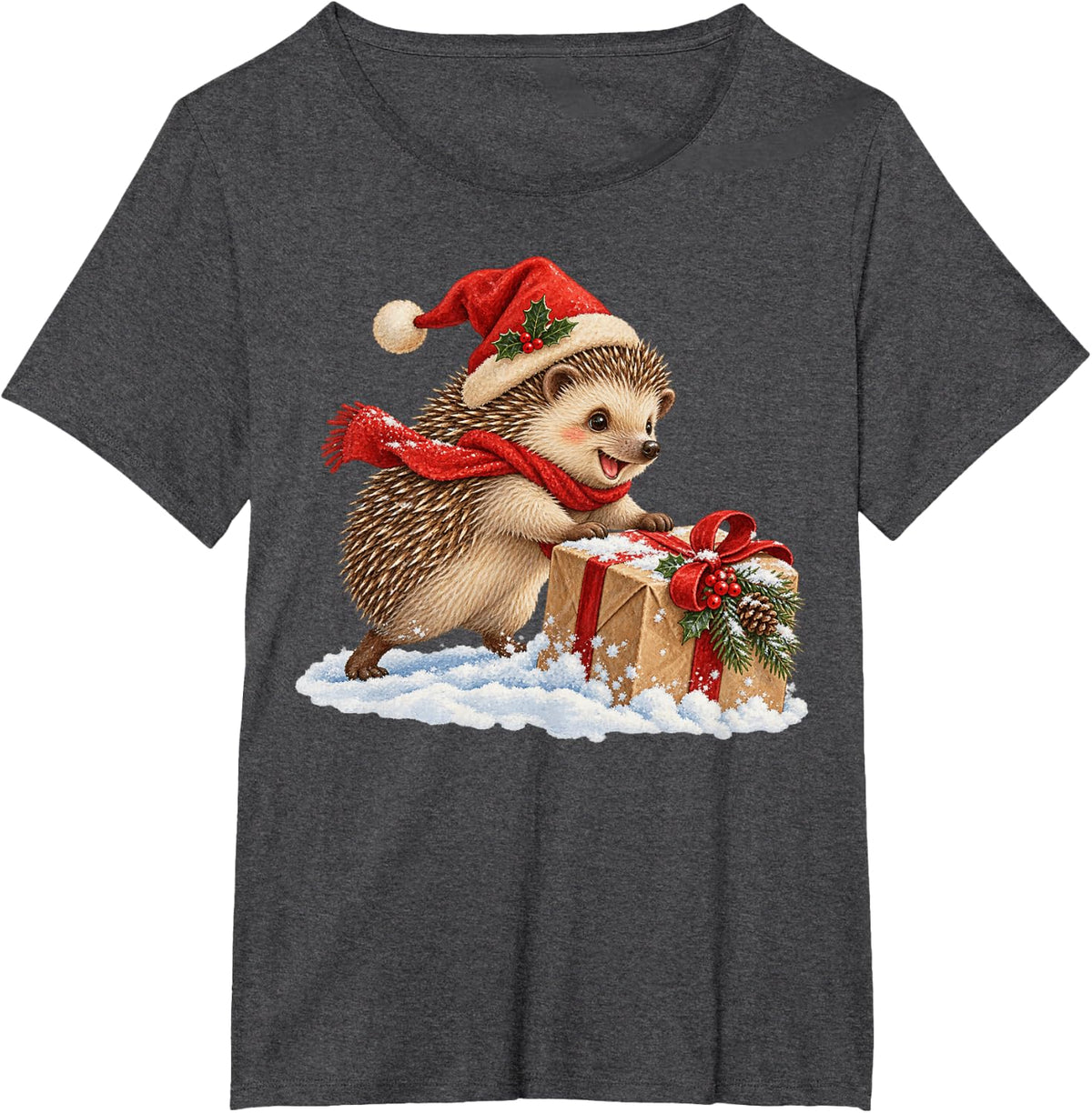 Hedgehog Parcel Christmas Animal T-Shirt - Dark Heather Grey