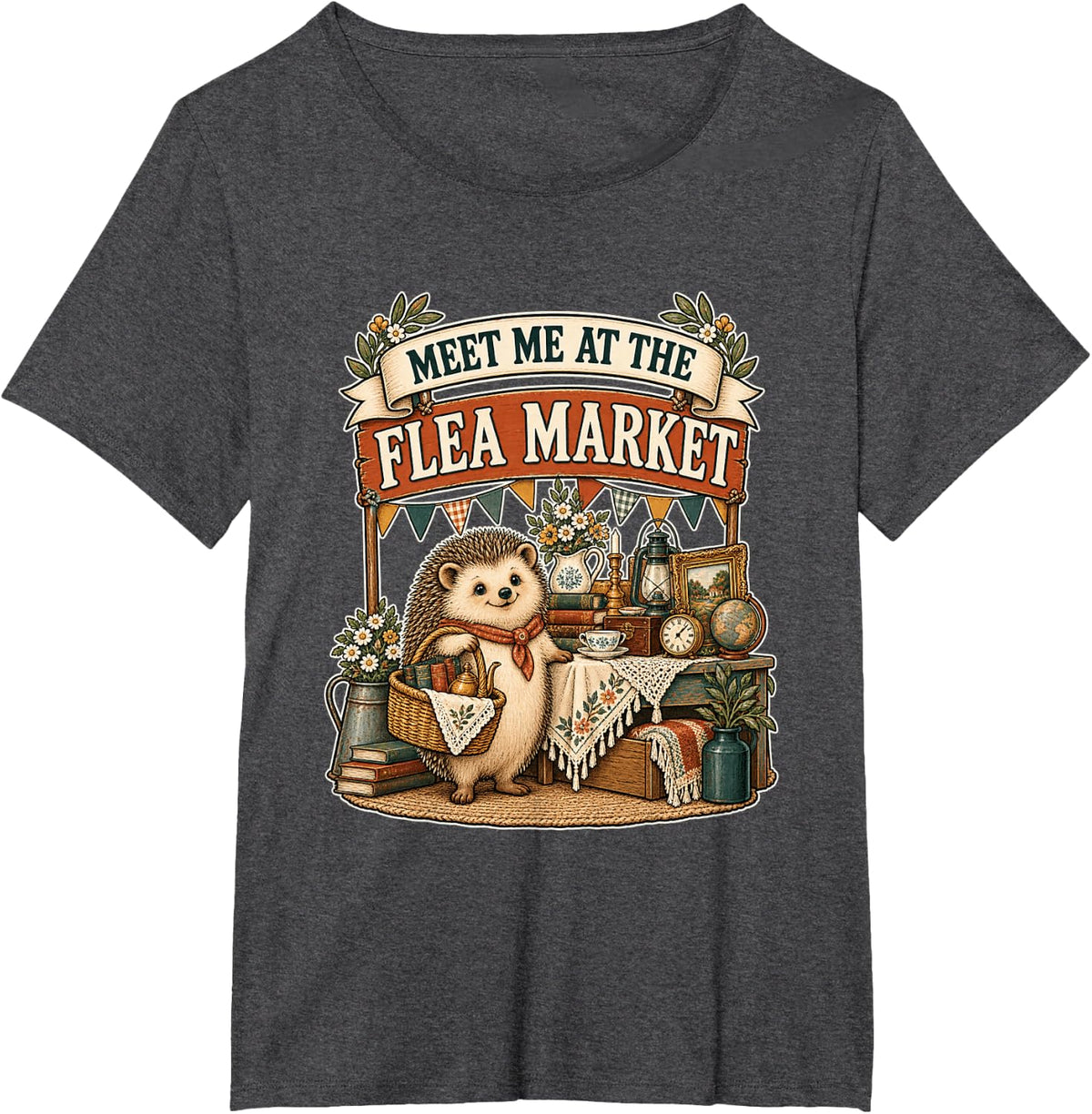 Meet Me At The Flea Market Hedgehog Thrifting Market Lover T-Shirt - Dark Heather Grey
