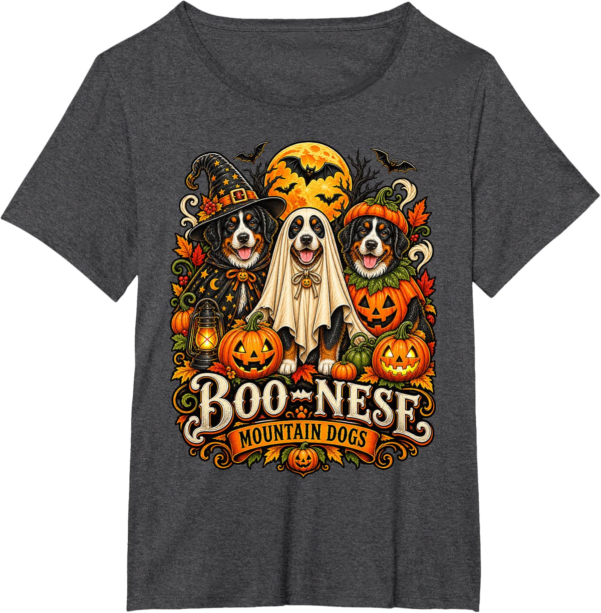 Bernese Mountain Dog Halloween Boo-Nese Tee T-Shirt - Dark Heather Grey