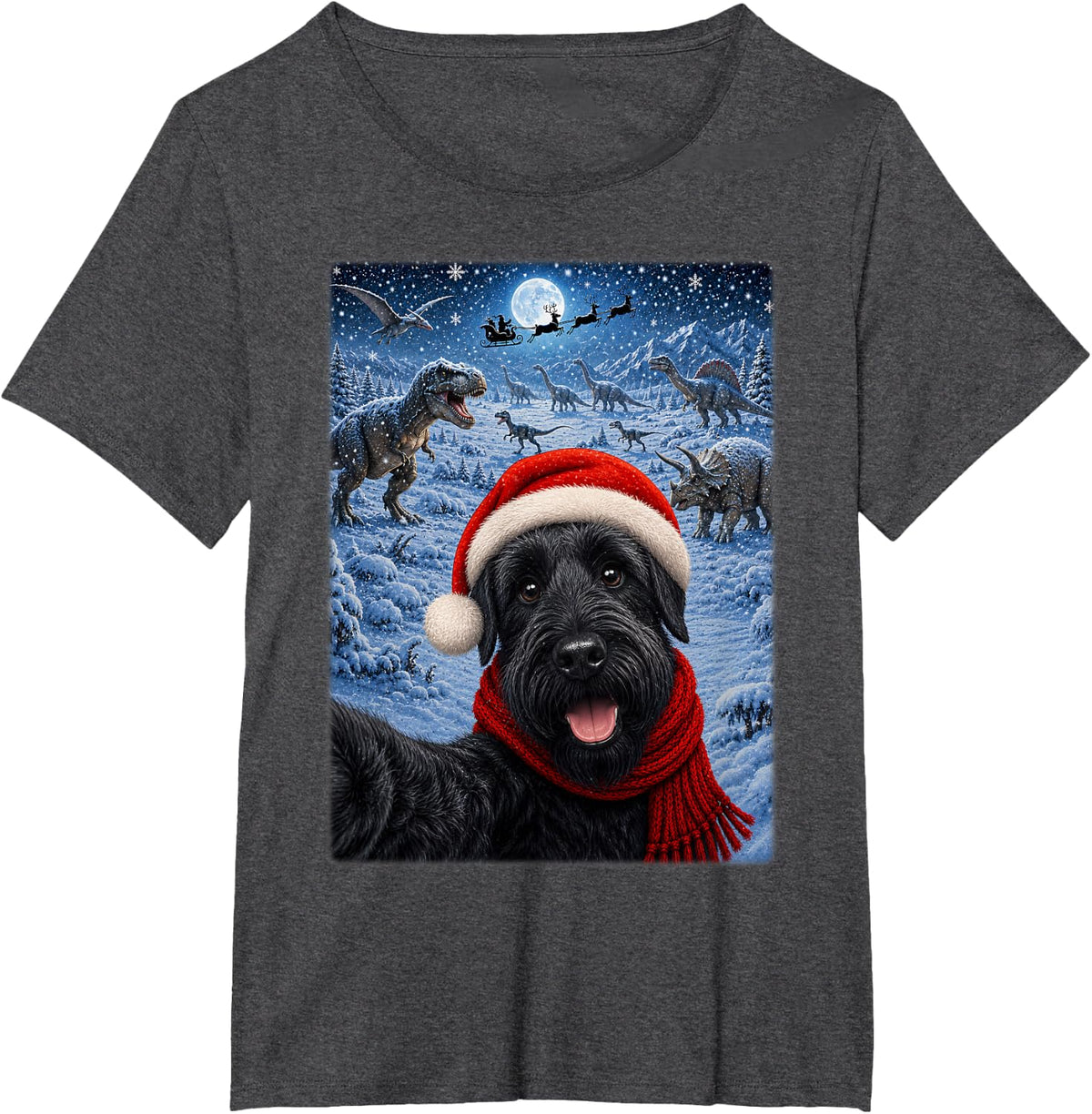 Giant Schnauzer Dog Christmas Moon Night Dinosaurs Xmas T-Shirt - Dark Heather Grey