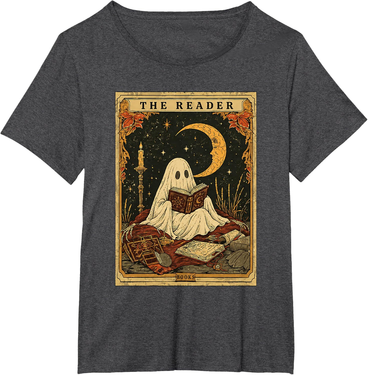 The Reader Ghost Book Lover Gothic Moon Vintage Reading T-Shirt - Dark Heather Grey
