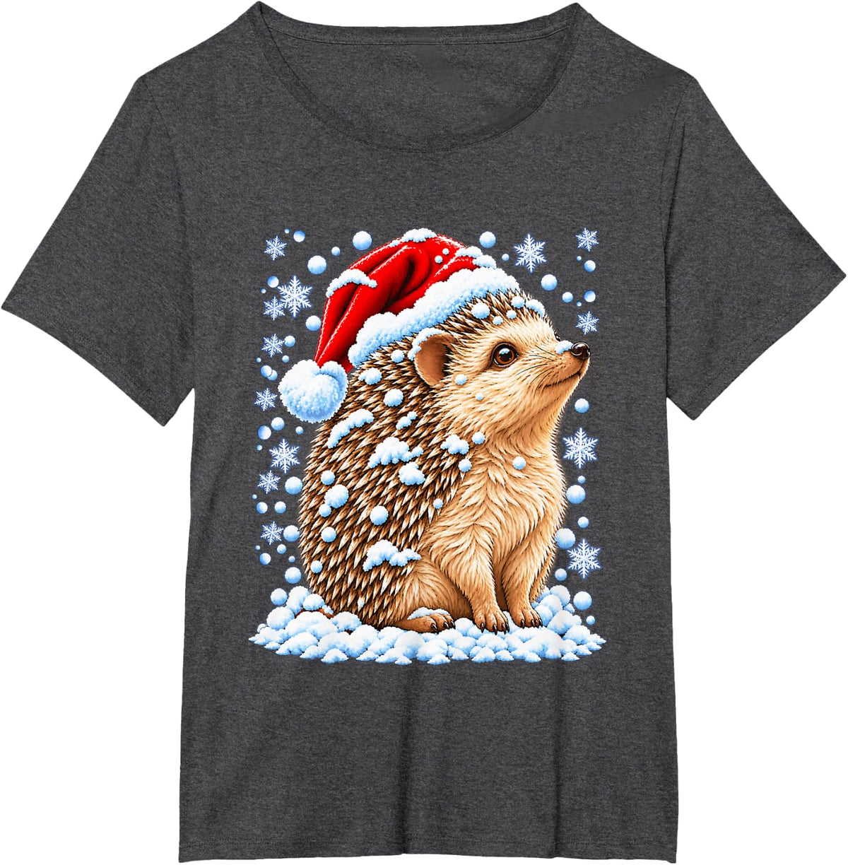 Snowy Christmas Hedgehog with Snow Festive Animal Winter T-Shirt - Dark Heather Grey