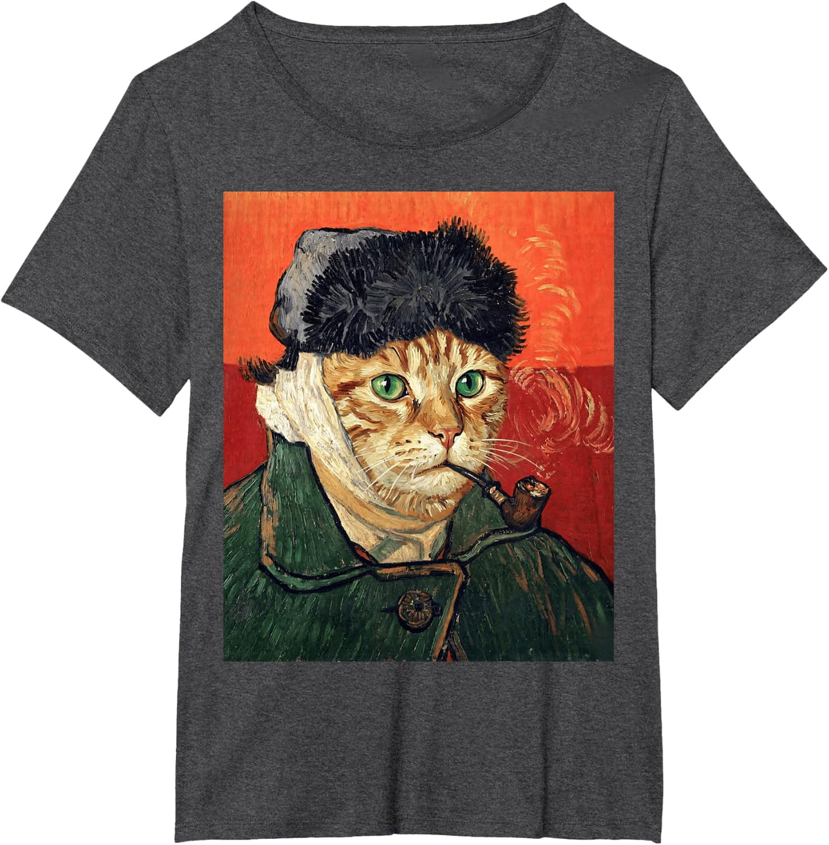 Van Gogh Cat Portrait Tabby with Bandaged Ear Smoking Pipe T-Shirt - Dark Heather Grey