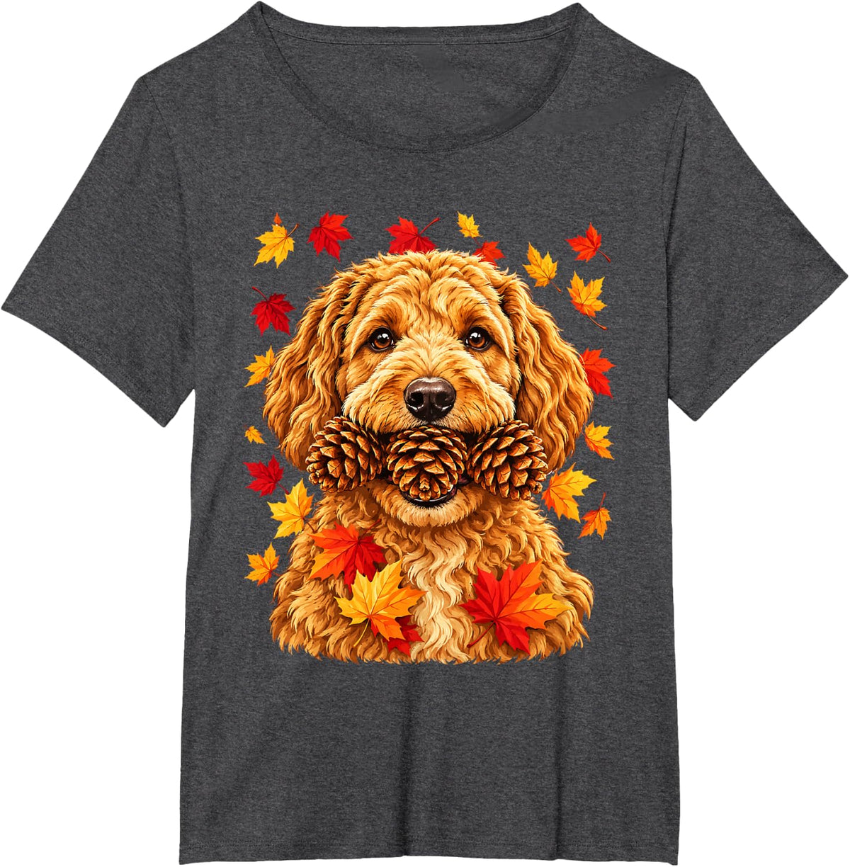 Fall Goldendoodle and Pine Cones Cute Dog with Maple Leaves T-Shirt - Dark Heather Grey