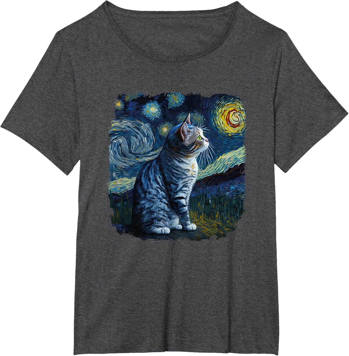Funny Van Gogh Starry Night Cat American Shorthair Cat Lover T-Shirt - Dark Heather Grey