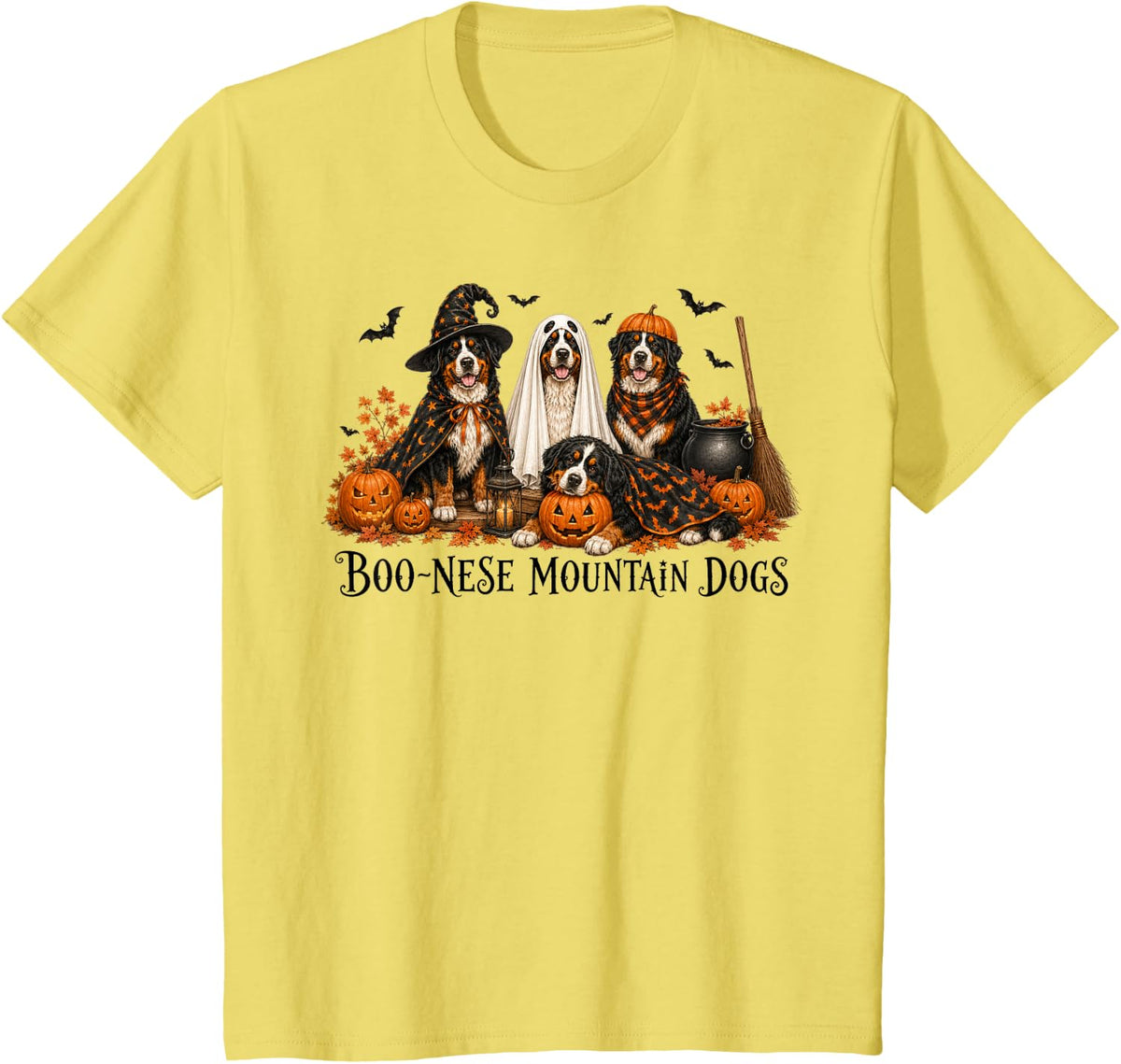 Boo-Nese Mountain Dogs Bernese Halloween Pumpkin T-Shirt - Lemon Yellow