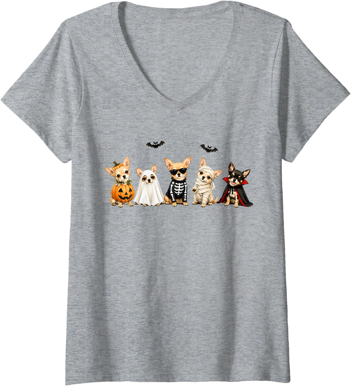 Women's Halloween Chihuahuas Squad Pumpkin Costume Dog Lovers V-Neck T-Shirt - Heather Grey