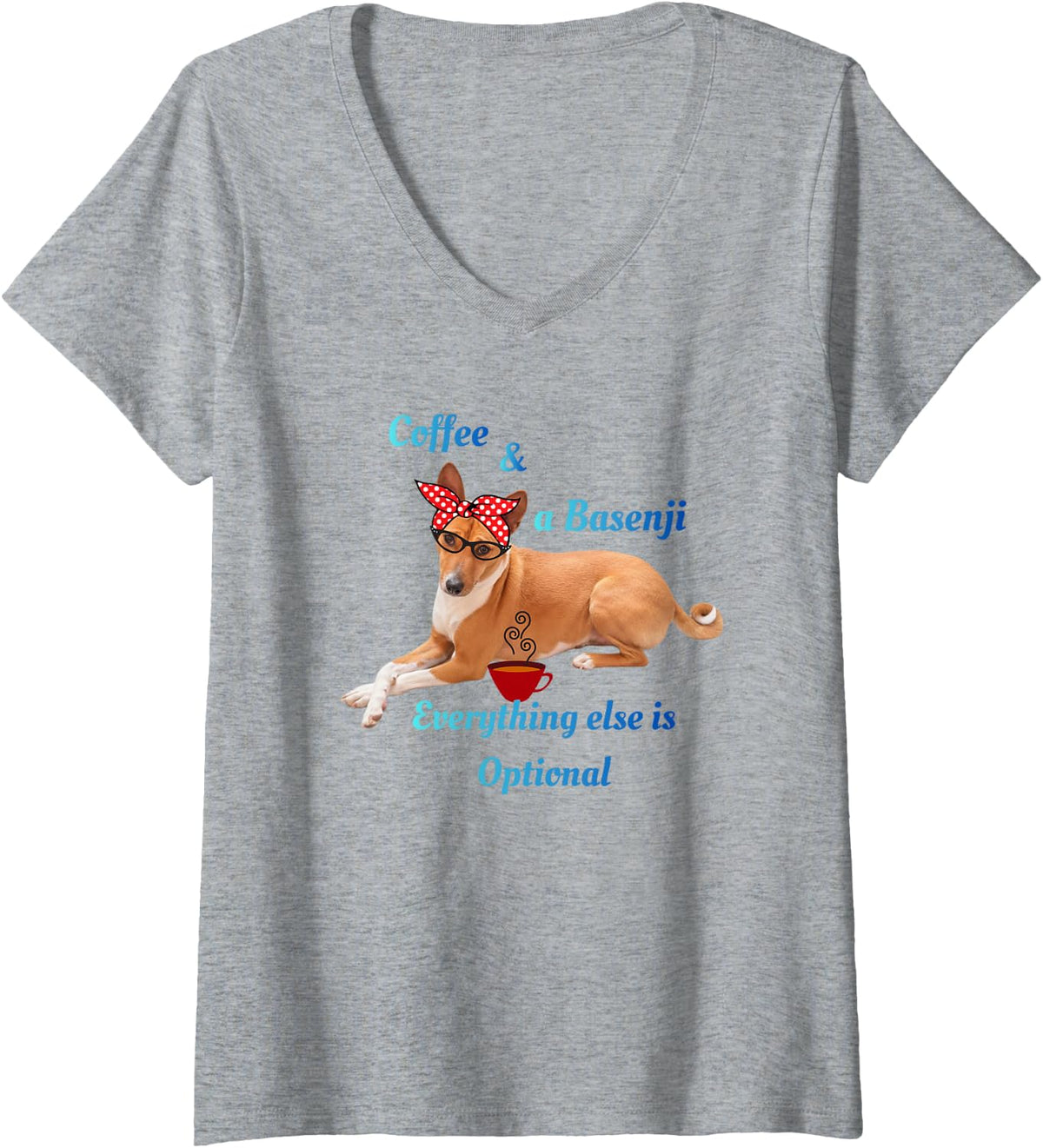Women's Basenji and Coffee Dog Mom Design V-Neck T-Shirt - Heather Grey
