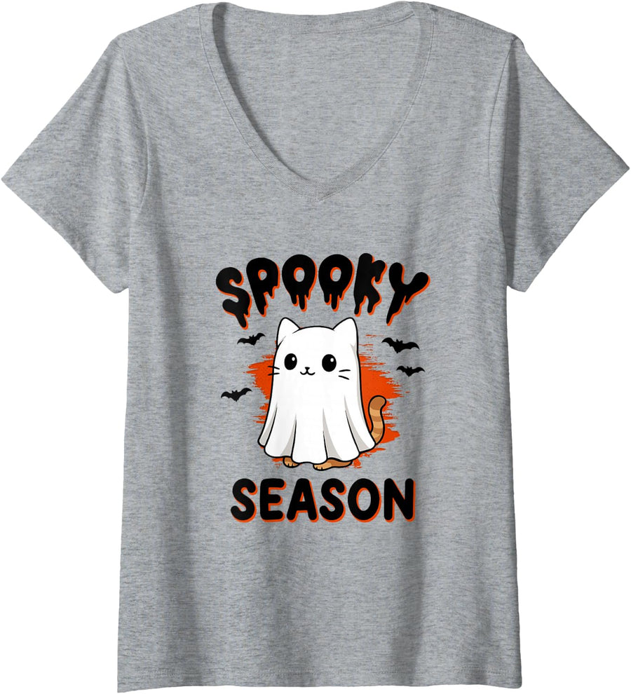 Women's Spooky Cat Ghost Halloween Humor Costume V-Neck T-Shirt - Heather Grey