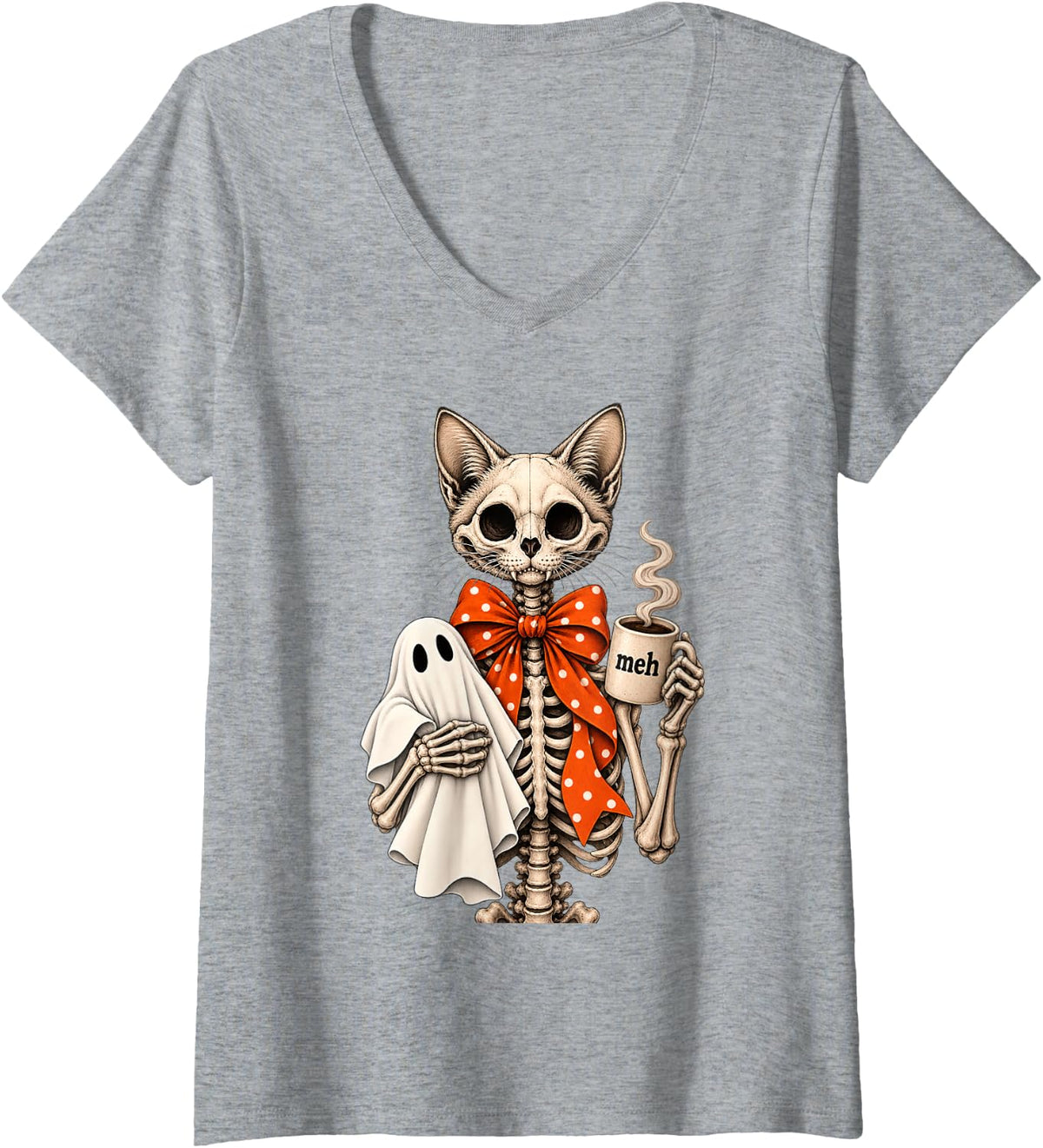 Women's Cat Skeleton Holding Ghost Halloween Coffee Lover V-Neck T-Shirt - Heather Grey