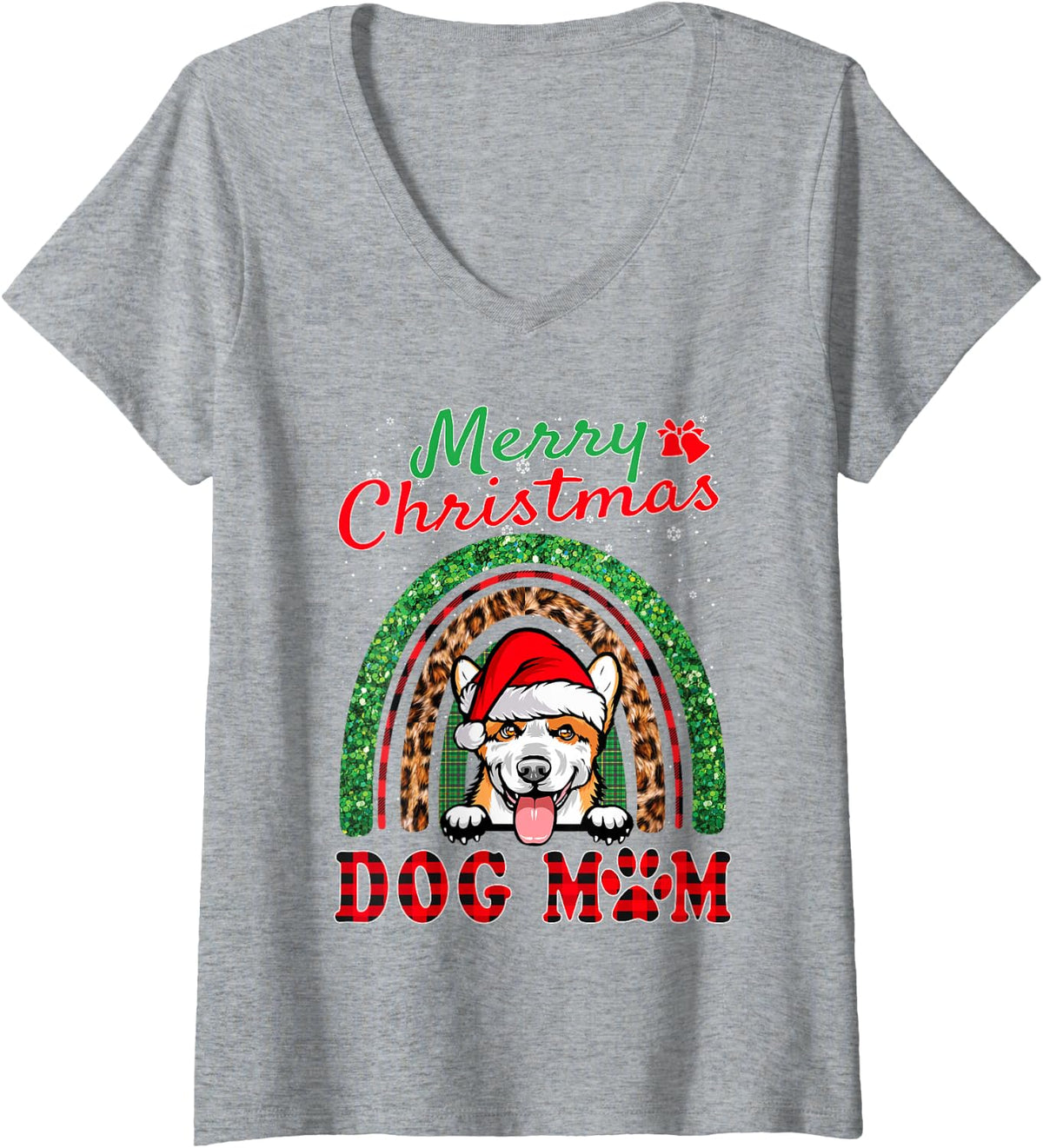 Women's Corgi Christmas Santa Hat Dog Mom Boho Rainbow Xmas V-Neck T-Shirt - Heather Grey