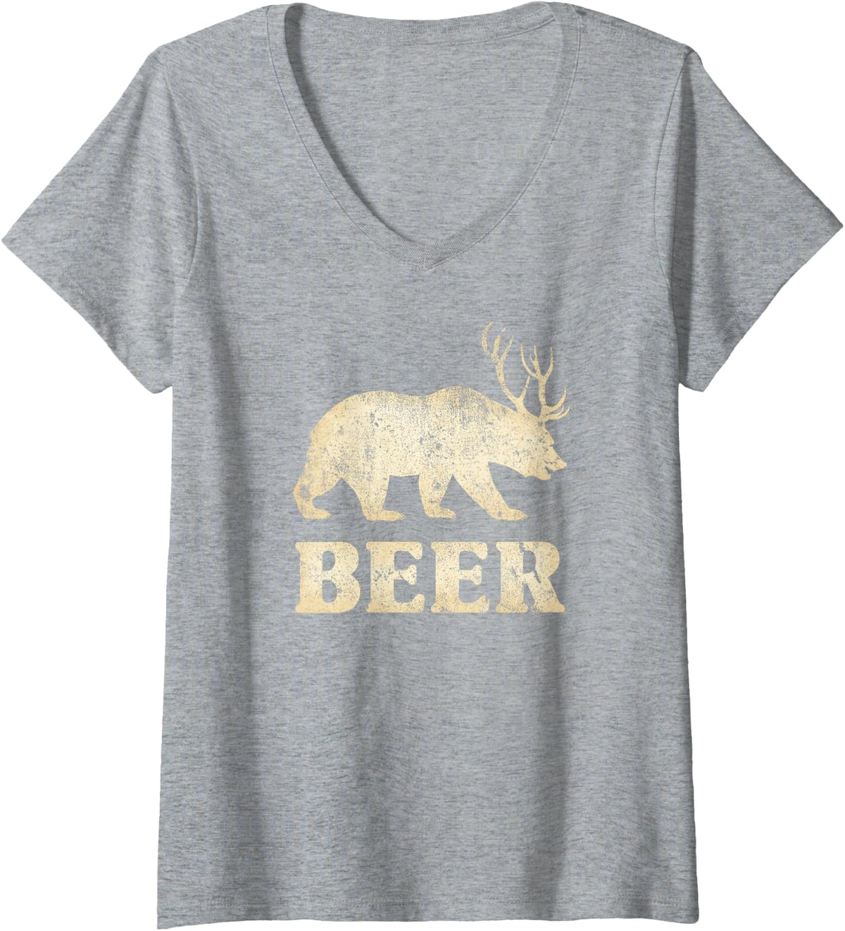 Women's Vintage Bear Deer Funny Beer V-Neck T-Shirt - Heather Grey