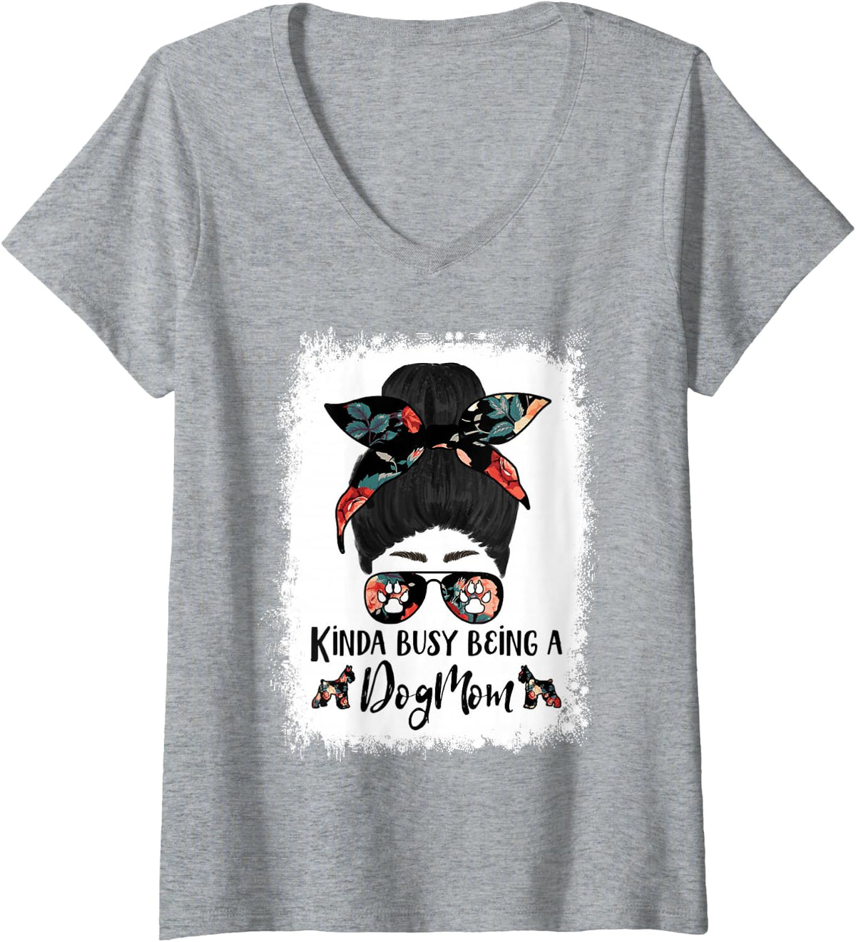 Women's Giant Schnauzer Kinda Busy Being A Dog Mom Funny Messy Bun V-Neck T-Shirt - Heather Grey