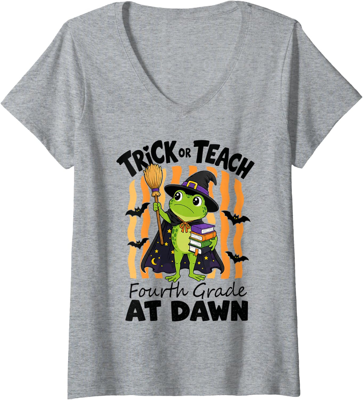 Women's Halloween 4th Grade Teacher Frog Trick Or Teach Spooky V-Neck T-Shirt - Heather Grey