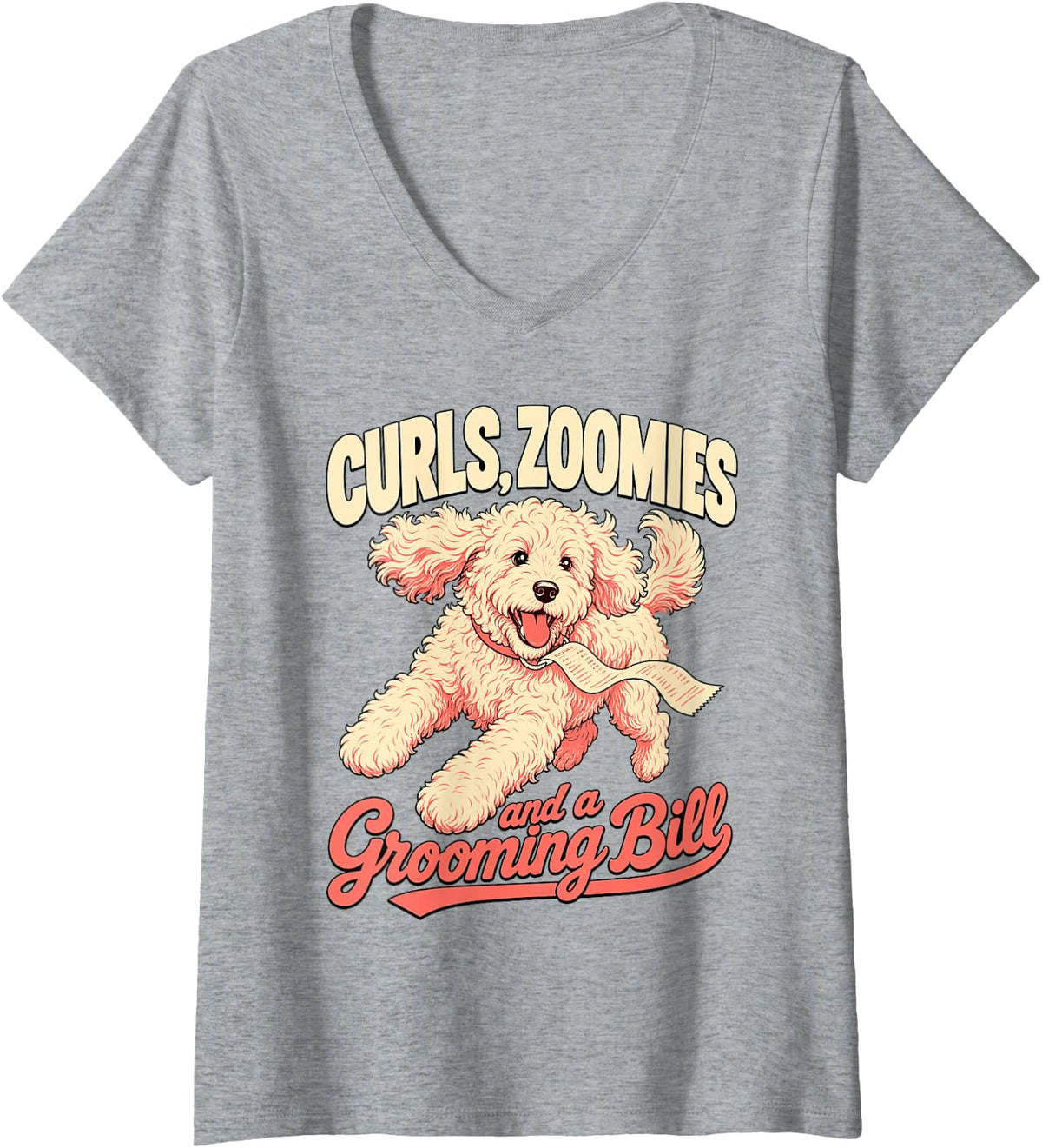 Women's Goldendoodle Dog Curls Zoomies and Grooming Bill V-Neck T-Shirt - Heather Grey