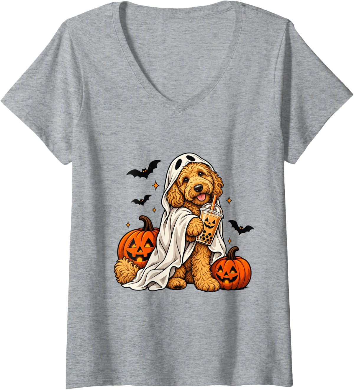 Women's Goldendoodle Ghost and Boba Cute Halloween Dog Humor V-Neck T-Shirt - Heather Grey