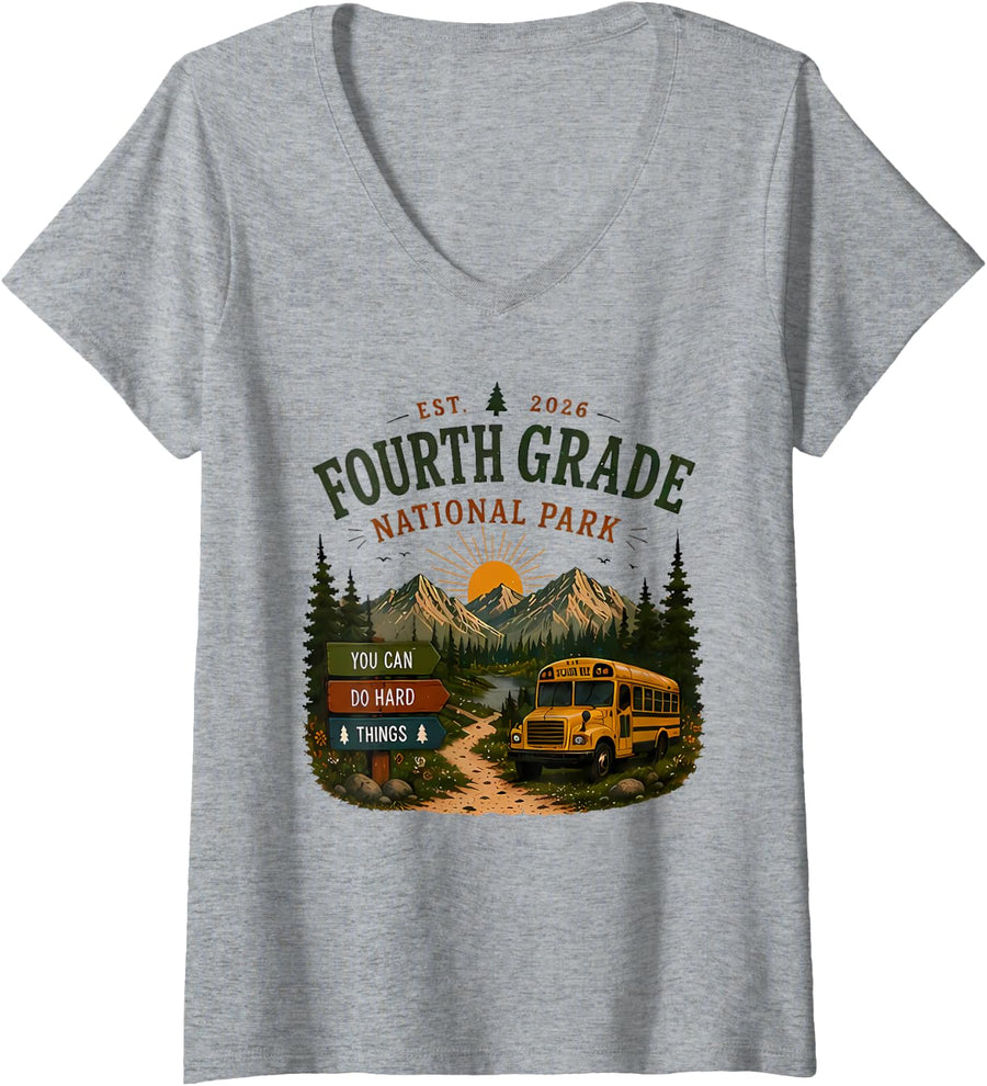 Women's Fourth Grade Est 2026 National Park Back to School Teacher V-Neck T-Shirt - Heather Grey
