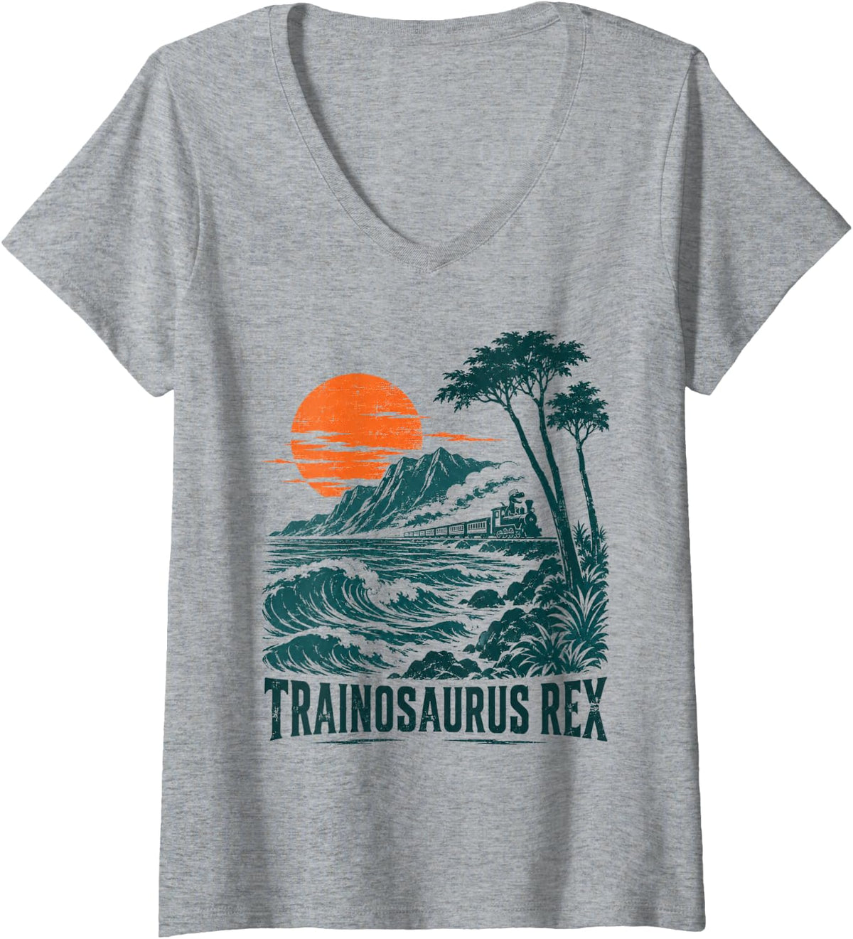 Women's TRAINOSAURUS REX Dinosaur Train Lover Retro Graphic V-Neck T-Shirt - Heather Grey