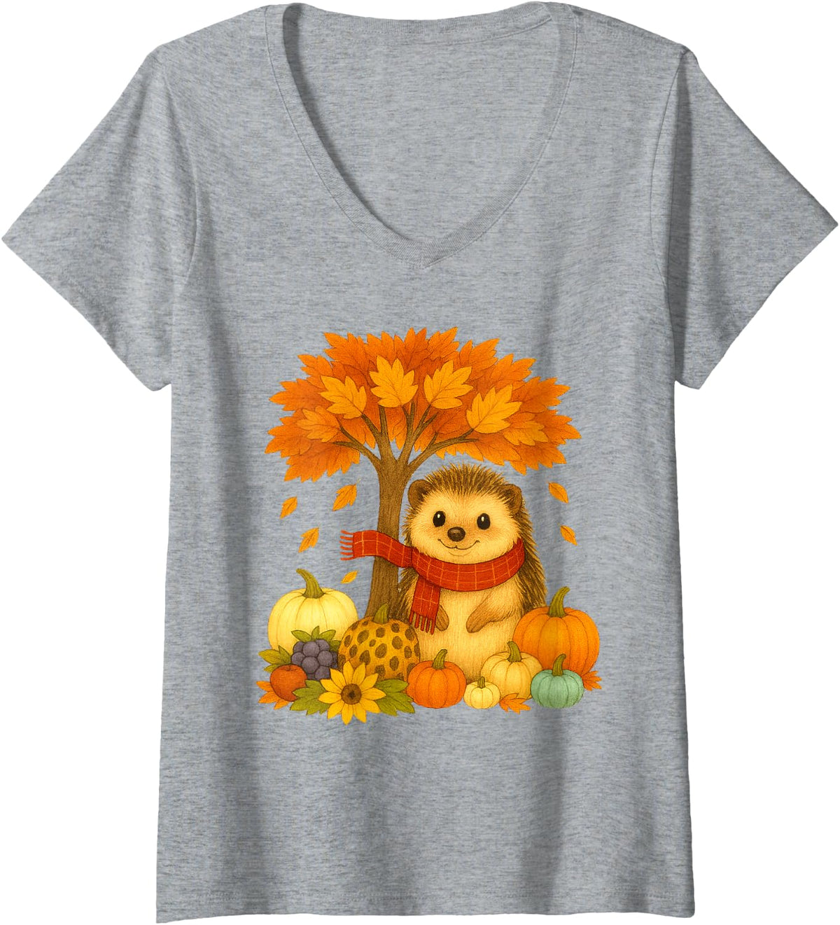 Women's Thanksgiving Autumn Fall Hedgehog Leaf Fall Tree V-Neck T-Shirt - Heather Grey