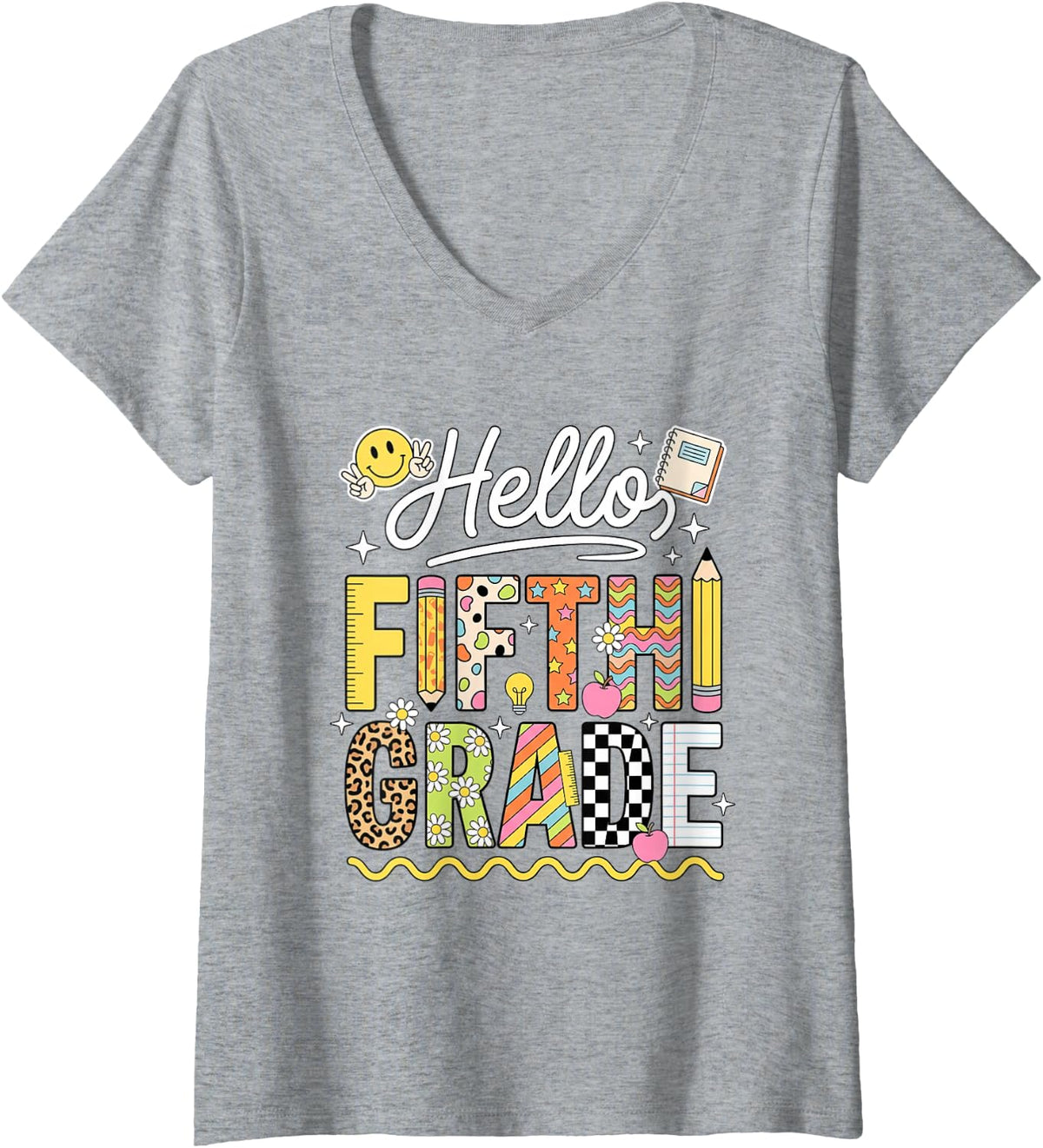 Women's Hello Fifth Grade Back to School Student Teacher Kids V-Neck T-Shirt - Heather Grey