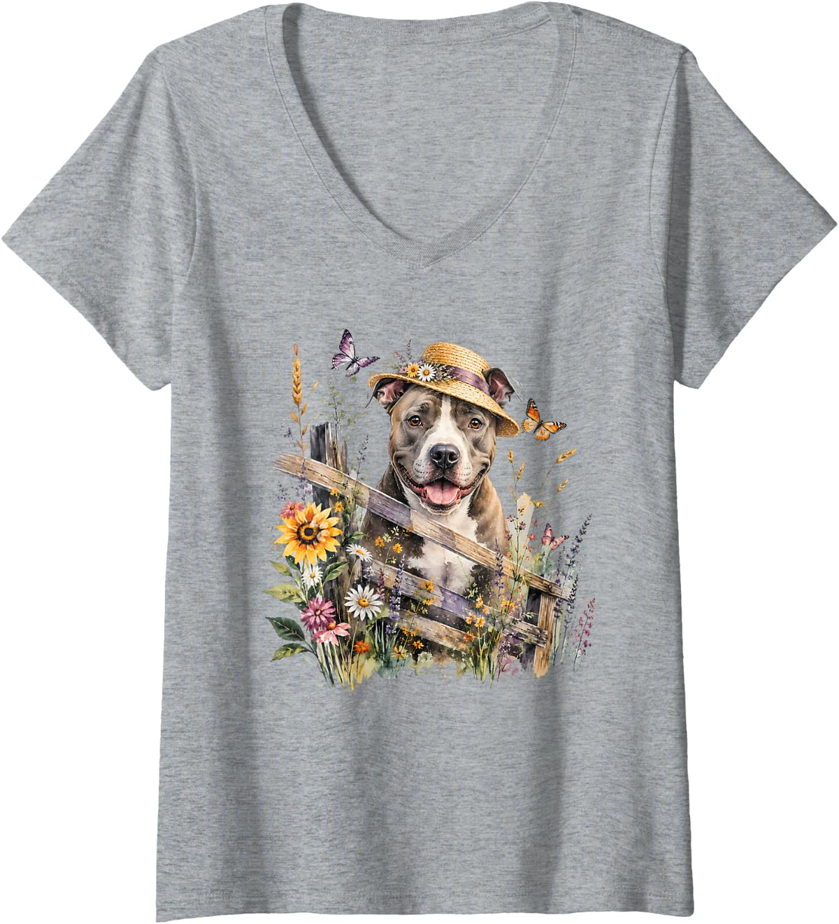 Women's Cool Pitbull Riding Beautiful Floral Pitbull Graphic V-Neck T-Shirt - Heather Grey