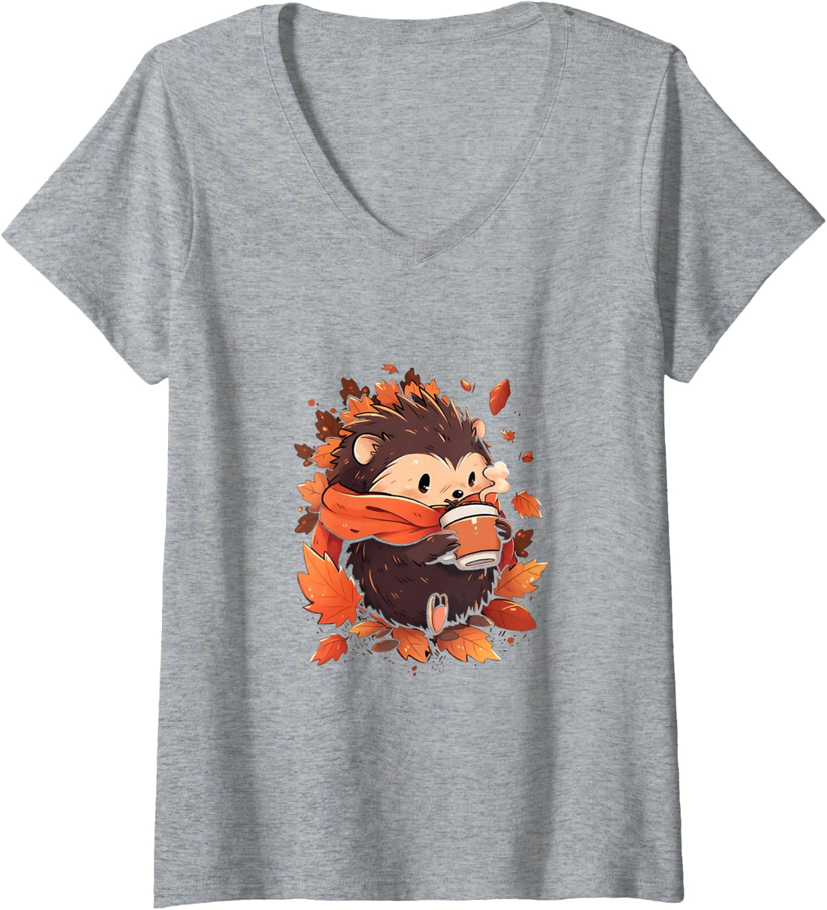 Women's Hedgehog Fall Autumn Leaves Pumpkin Spice Latte Kawaii V-Neck T-Shirt - Heather Grey