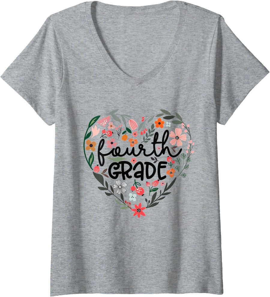 Women's Fourth Grade Floral Heart 4th Grade Back to School Teacher V-Neck T-Shirt - Heather Grey