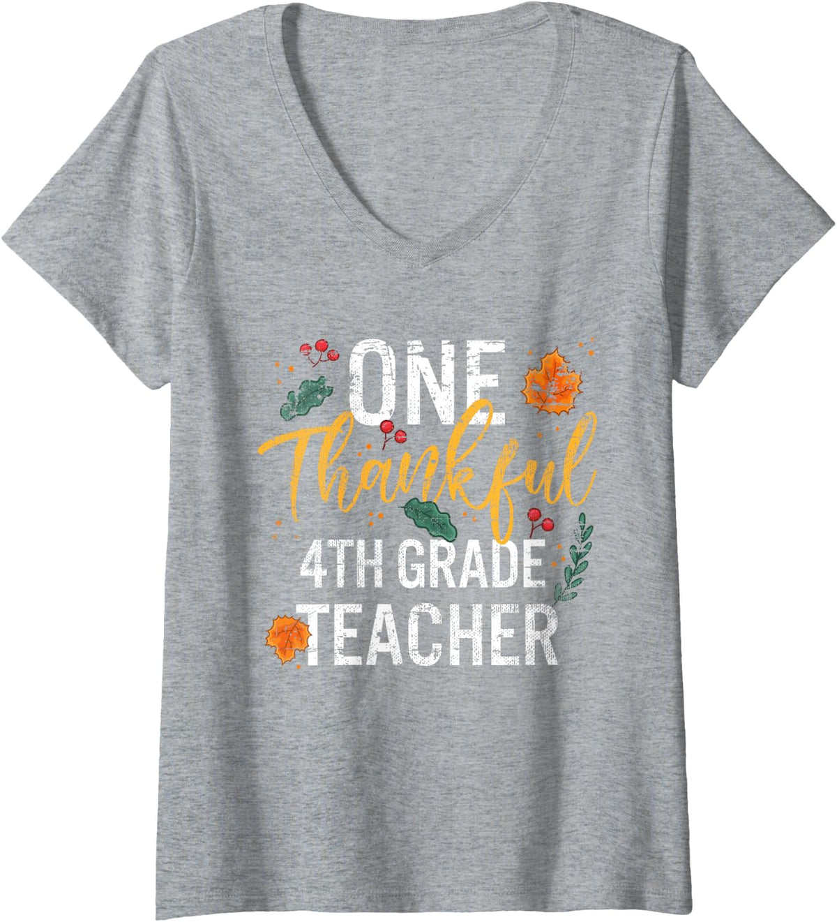 Women's One Thankful 4th Grade Teacher Thanksgiving Vintage V-Neck T-Shirt - Heather Grey