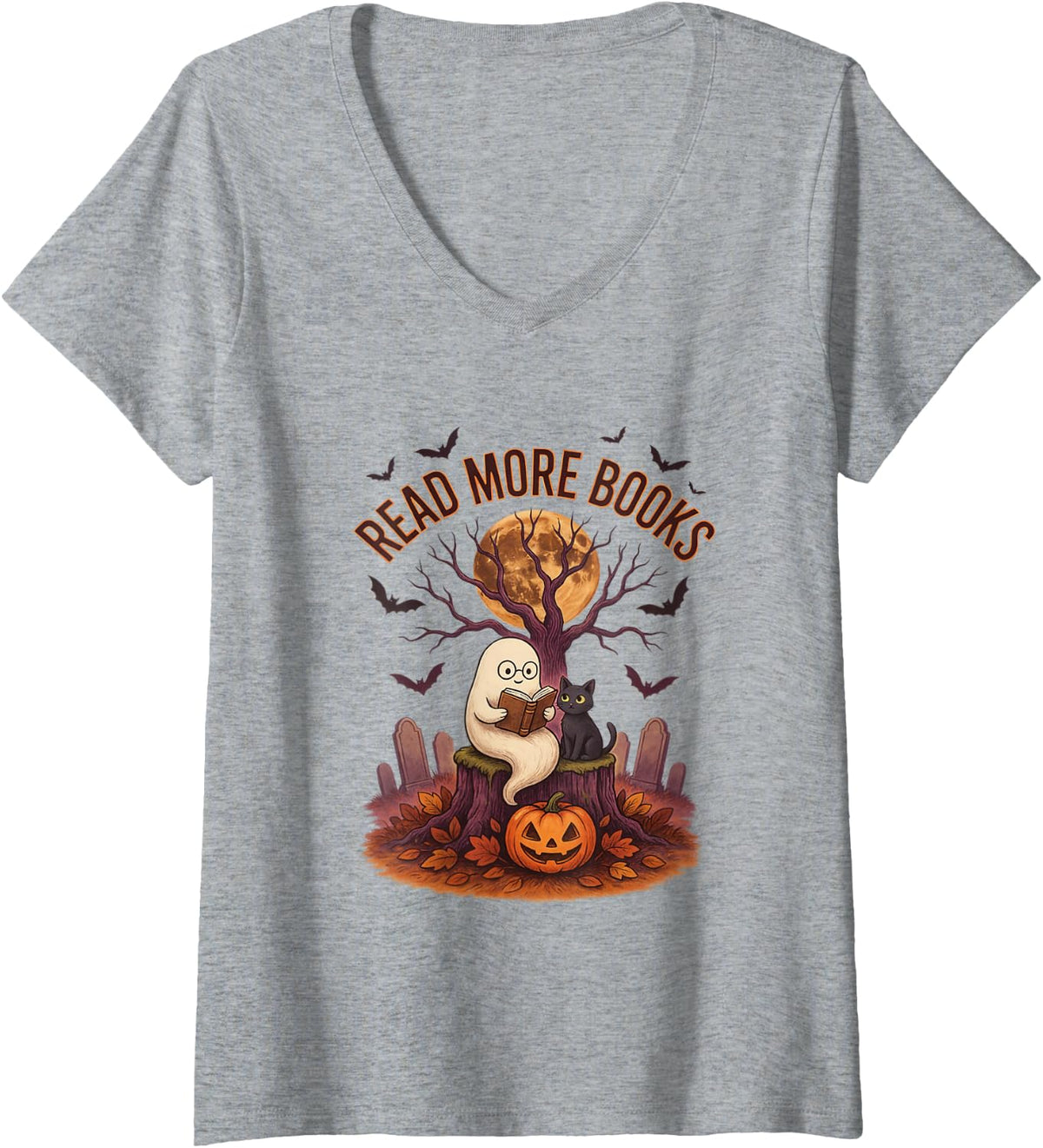 Women's Cute Spooky Halloween Reader Ghost Black Cat Book Lover V-Neck T-Shirt - Heather Grey