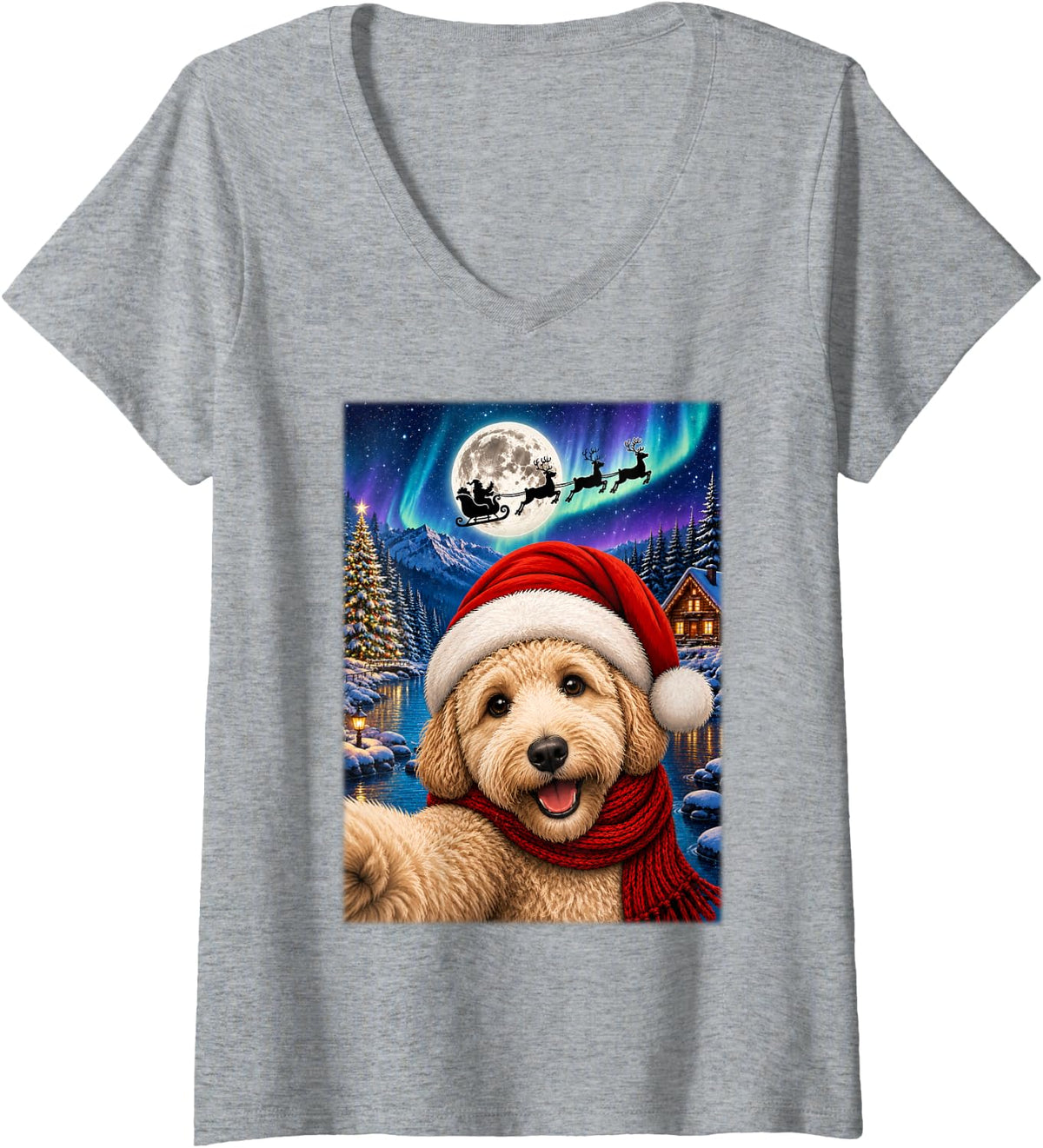 Women's Goldendoodle Dog Christmas Moon Night Santa Sleigh Xmas V-Neck T-Shirt - Heather Grey