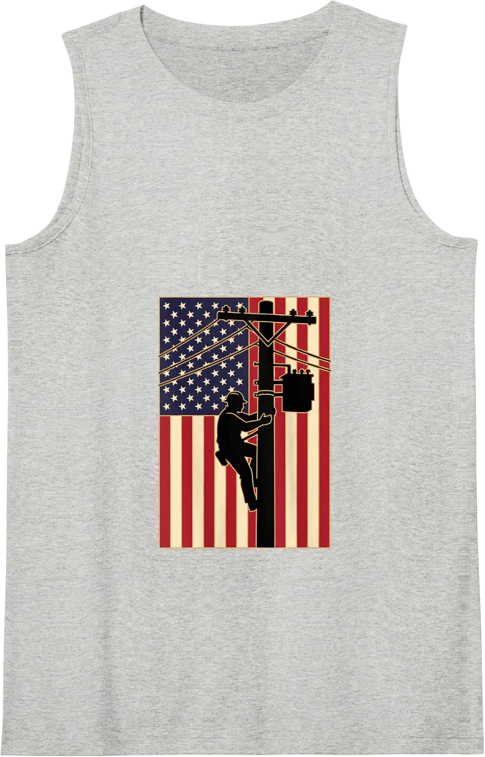 Lineman Climbing Pole Flag Patriotic Electrician Tank Top - Heather Grey
