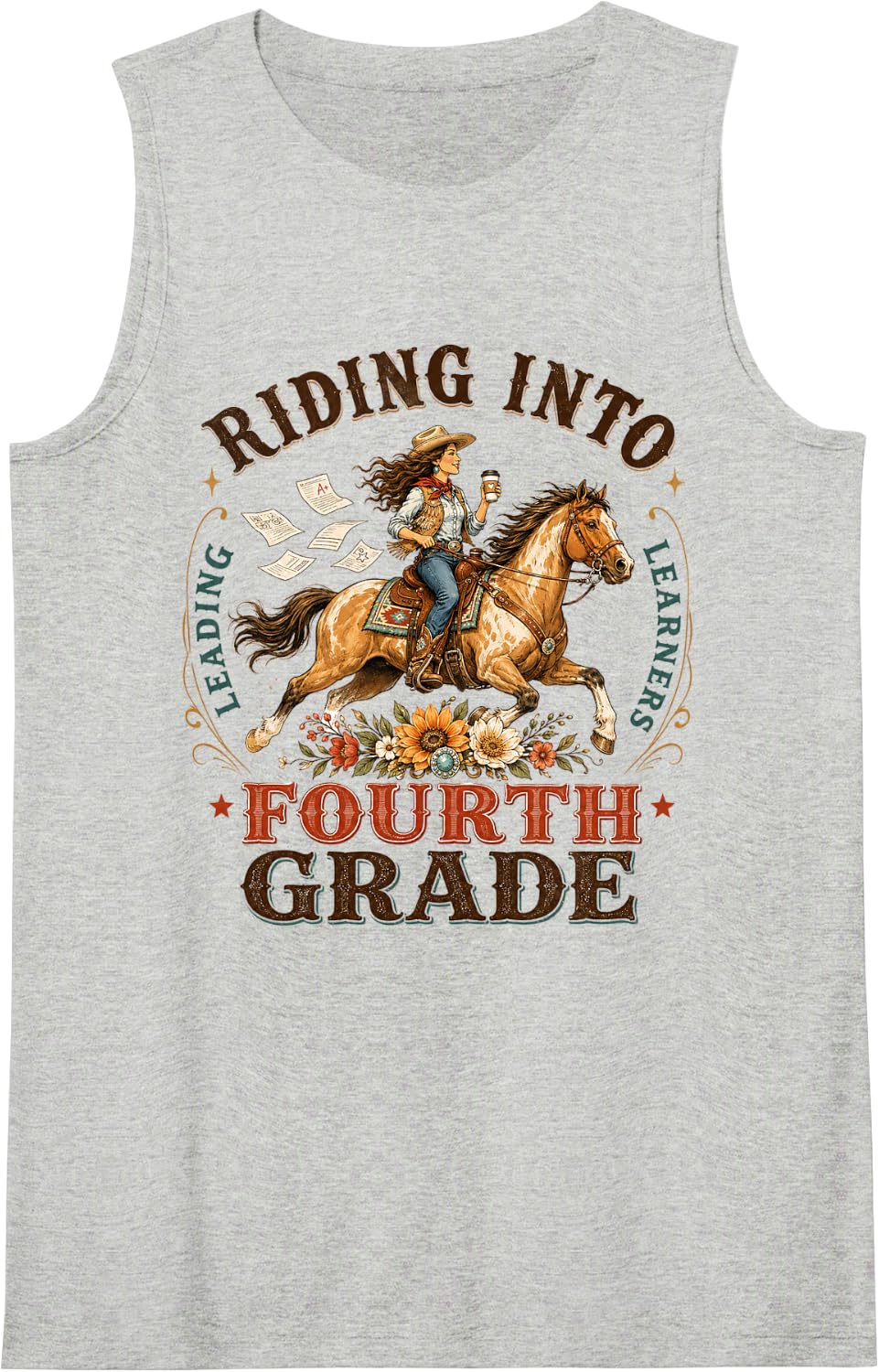 4th Grade Teacher Rodeo Western Riding Into Fourth Grade Tank Top - Heather Grey