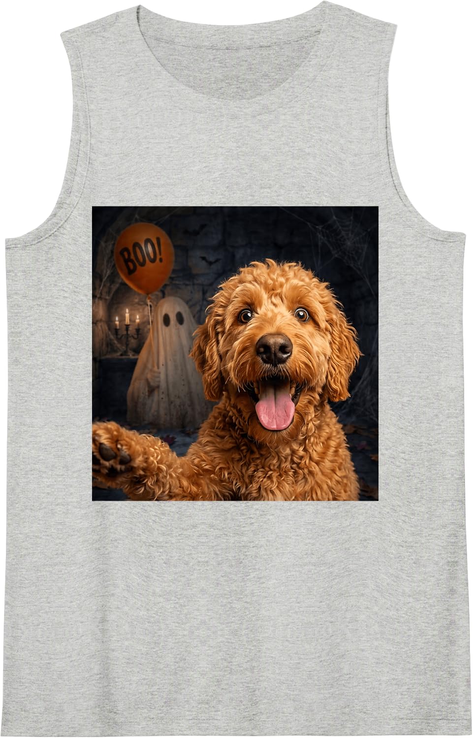 Funny Goldendoodle Ghost Boo Halloween Selfie Dog Meme Sleeveless Tank Top - Heather Grey