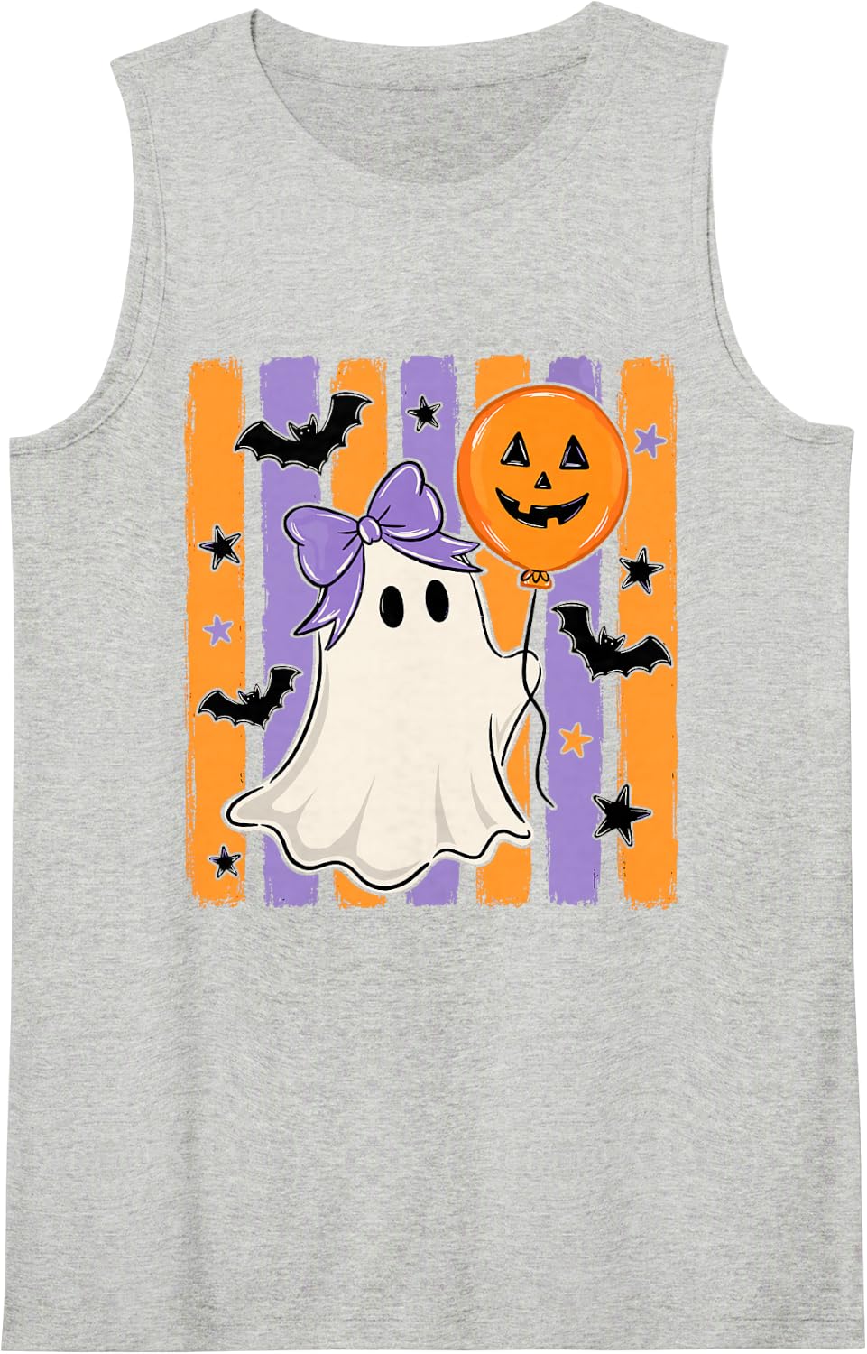 Coquette Ghost Holding Pumpkin Balloon Halloween Ghost Boo Sleeveless Tank Top - Heather Grey
