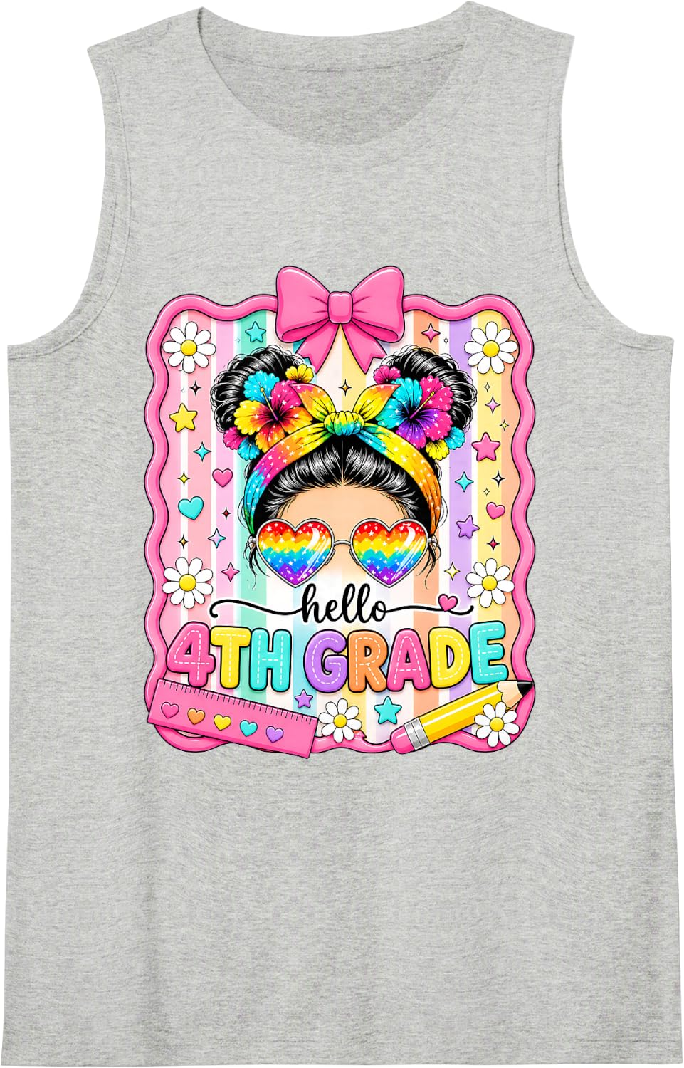 Hello 4th Grade Messy Bun First Day of School Girls Sleeveless Tank Top - Heather Grey