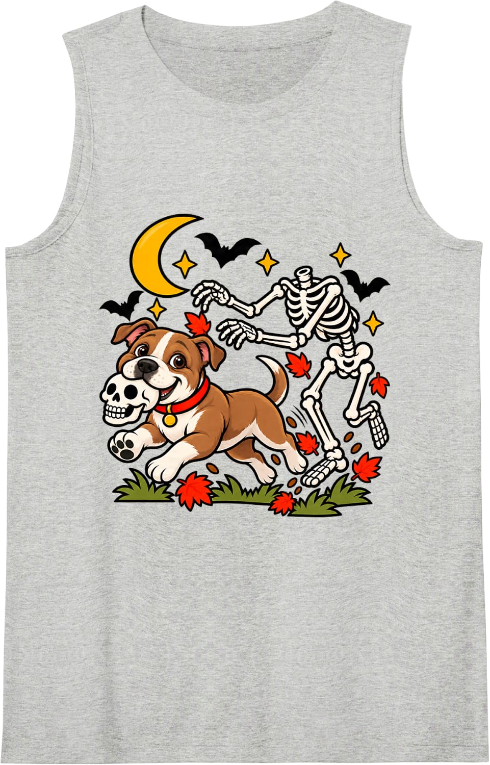 Funny Pitbull Dog Stealing Skull from Skeleton Halloween Sleeveless Tank Top - Heather Grey