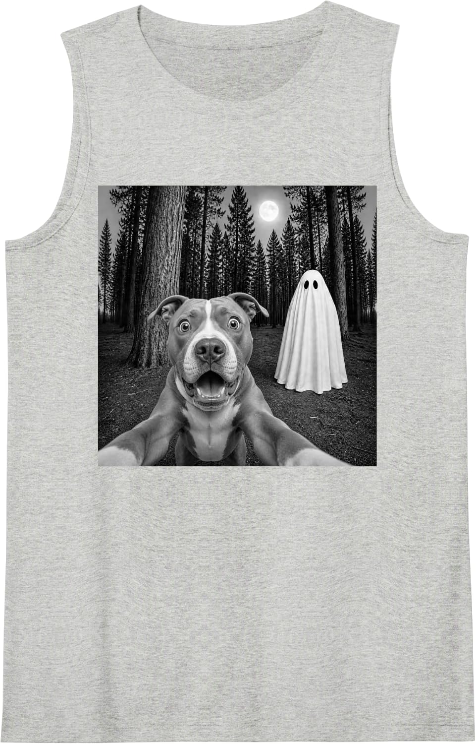 Spooky Pitbull Selfie with Ghost Halloween Pittie Dog Sleeveless Tank Top - Heather Grey