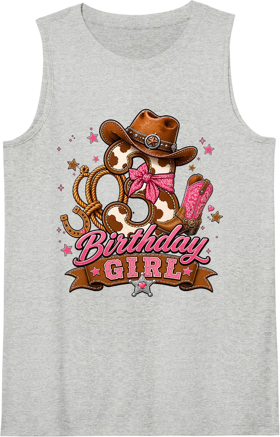 3rd Birthday Girl Pink 3 Years Old Cowgirl Western Rodeo Sleeveless Tank Top - Heather Grey