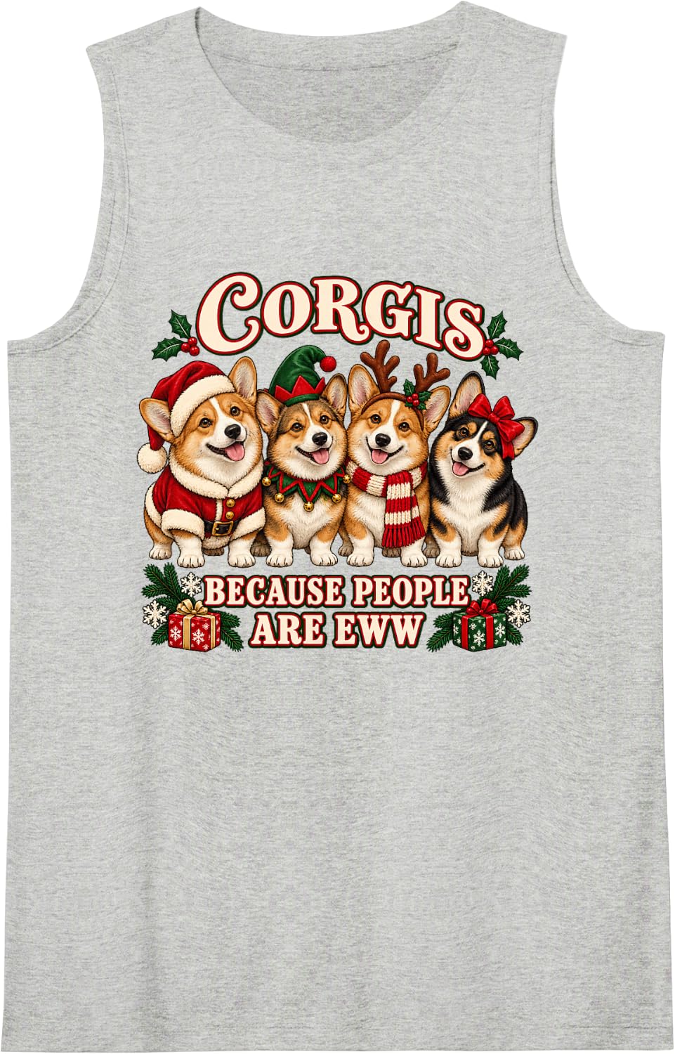 Corgi Xmas People are Eww Holiday Crew Sleeveless Tank Top - Heather Grey
