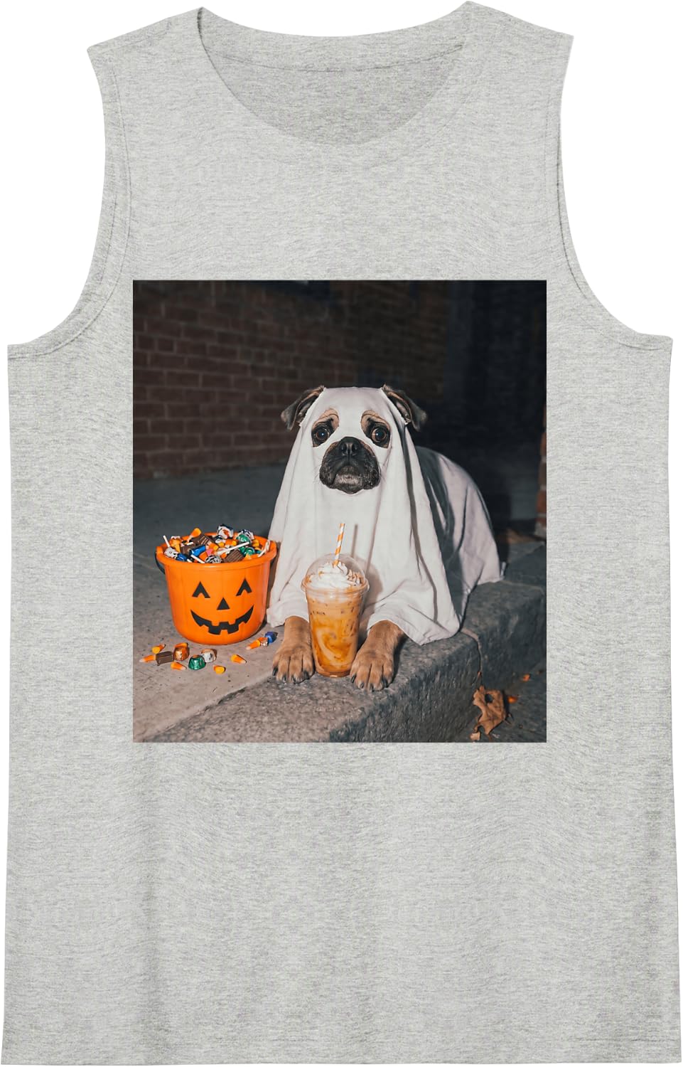Pug Ghost Dog Meme Pumpkin Iced Coffee Halloween Tank Top - Heather Grey