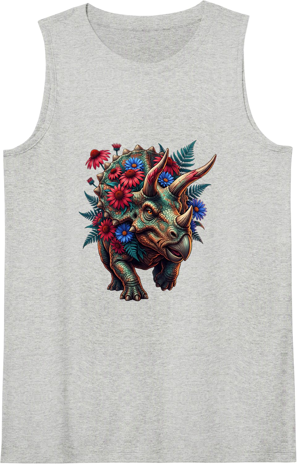 Triceratops with Colorful Garden Flowers Sleeveless Tank Top - Heather Grey