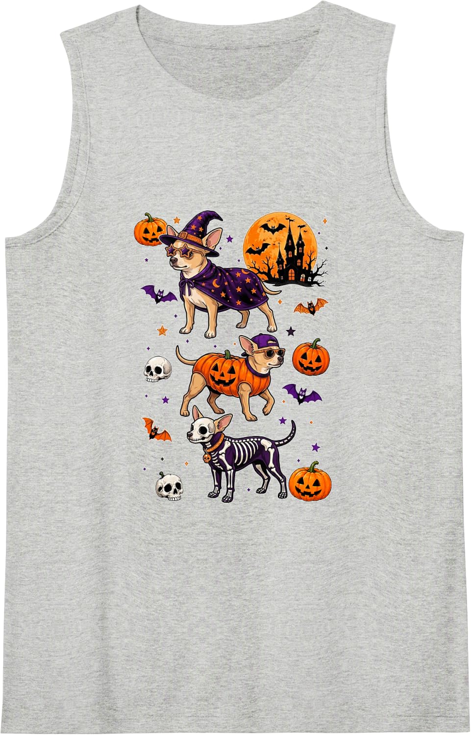 Three Cute Chihuahuas Cosplay Witch Skeleton Halloween Owner Tank Top - Heather Grey