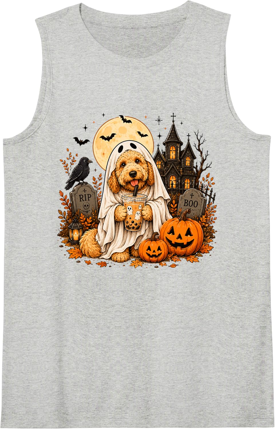 Goldendoodle Ghost and Boba Cute Halloween Dog Humor Sleeveless Tank Top - Heather Grey