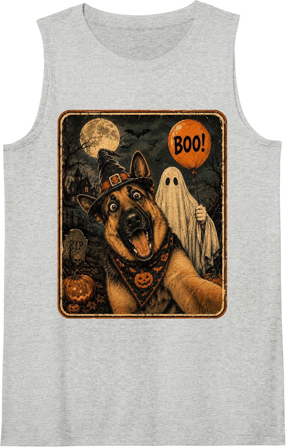 German Shepherd Halloween Ghost Selfie Boo Dog Meme Graphic Sleeveless Tank Top - Heather Grey