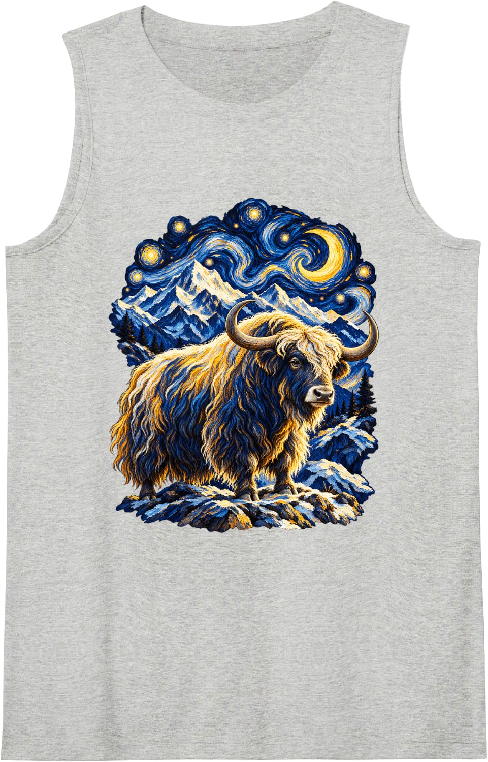 Starry Night Van Gogh Mountain Yak Wildlife Sleeveless Tank Top - Heather Grey