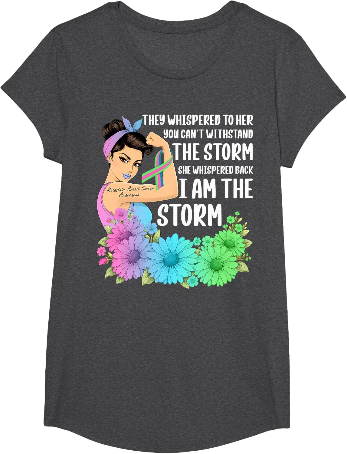 Metastatic Breast Cancer Warriors Pink Teal & Green Ribbon T-Shirt - Girls Dark Heather Grey