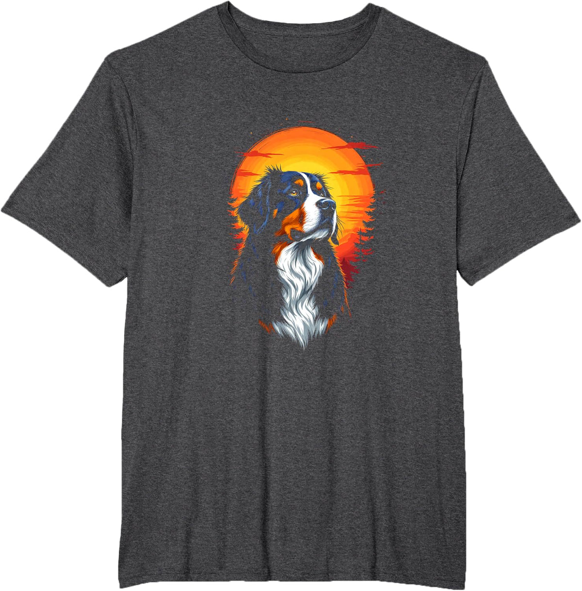 Bernese Mountain Dog Sunset Forest Scene T-Shirt - Dark Heather Grey