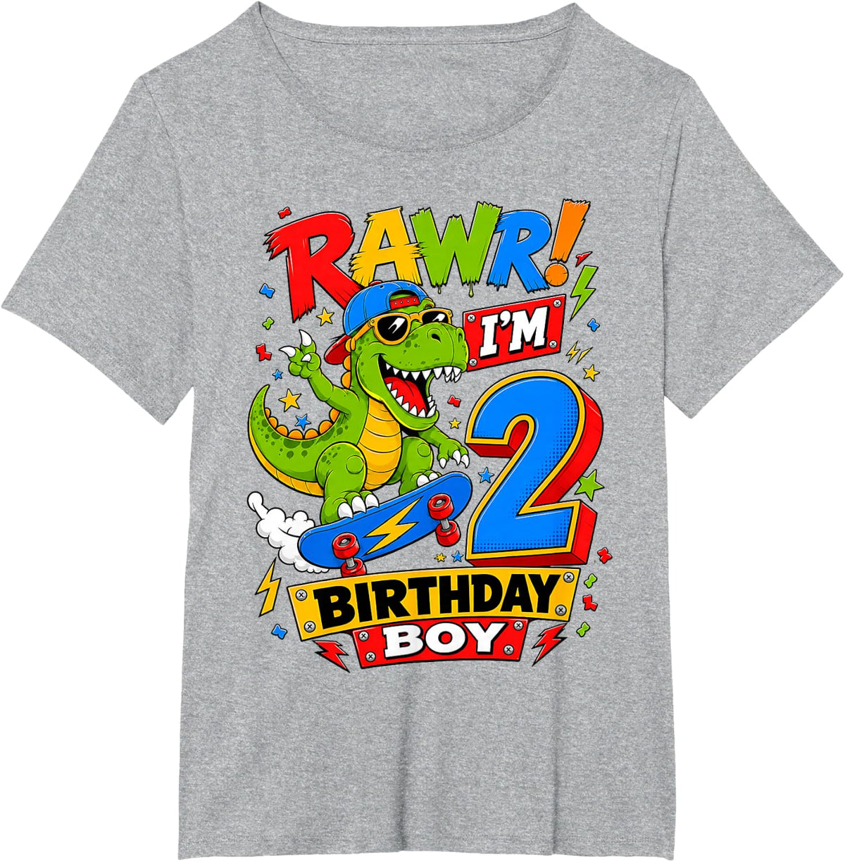 2nd Birthday Dinosaur T Rex Boys 2 Years Old Dino Party T-Shirt - Heather Grey