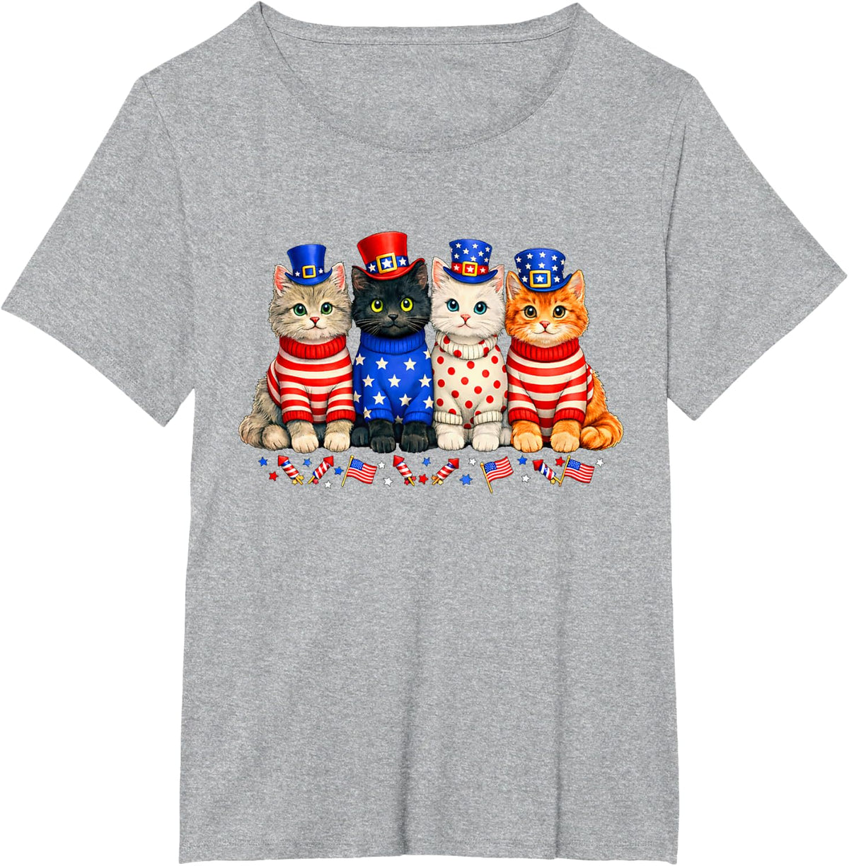 4th of July Patriotic Cats Flags Fireworks Independence Day T-Shirt - Heather Grey